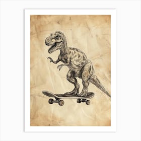 Vintage Utahraptor Dinosaur On A Skateboard 1 Art Print