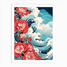 Great Wave With Carnation Flower Drawing In The Style Of Ukiyo E 1 Art Print