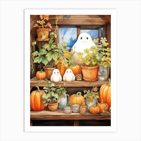 Cute Bedsheet Ghost, Botanical Halloween Watercolour 154 Art Print