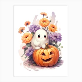 Cute Ghost With Pumpkins Halloween Watercolour 127 Art Print