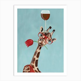 Giraffe With Wineglass Mint & Brown Art Print