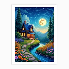 A Beautiful Wooden House Moon Night Landscape V 05 Art Print