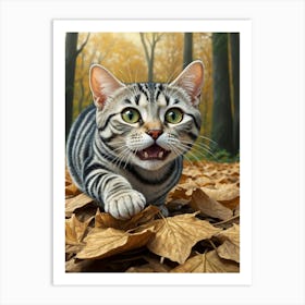 Striped Cat In Autumn Leaves Art Print