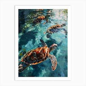 Sea Turtles Coming Up For Air Impressionism Style Painting Art Print