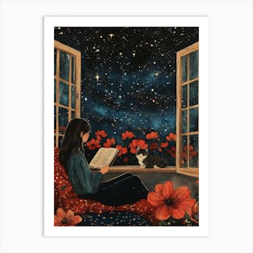 Girl Reading Book with Her Cat 16 Art Print