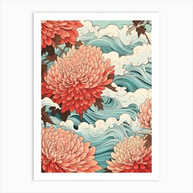 Great Wave With Dahlia Flower Drawing In The Style Of Ukiyo E 1 Art Print