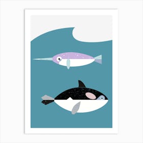 Undersea orca and narwhale Scandinavian style - Arctic animals Art Print