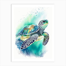 Sea Turtle In Deep Ocean, Sea Turtle Watercolour 1 Art Print