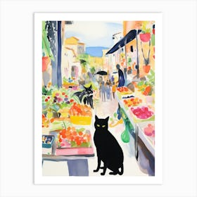 Food Market With Cats In Positano 3 Watercolour Art Print