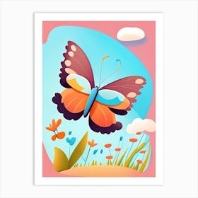 Butterfly Flying In Sky Scandi Cartoon 1 Art Print