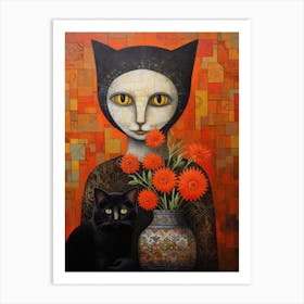 Cat And Flowers Art Print