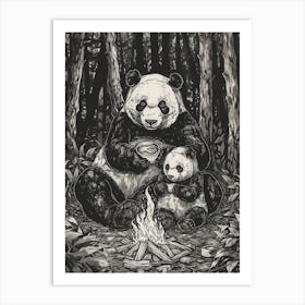 Giant Pandas Sitting Together By A Campfire Ink Illustration 3 Art Print