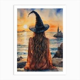 Watercolor Witch Sat by the Shore - Witchy Art Work of the Sun Setting on the West Coast - Pagan Wiccan Fairytale Art for Gallery or Feature Wall - Witches Hat, Burnt Orange By the Sea HD Art Print