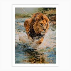 Barbary Lion Crossing A River Acrylic Painting 3 Art Print