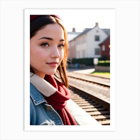 Young Woman On Train Tracks Art Print