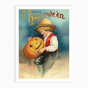 Boy Is Carving A Pumpkin Art Print