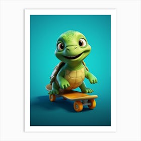 Green Turtle On Skateboard Art Print