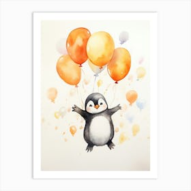 Penguin Flying With Autumn Fall Pumpkins And Balloons Watercolour Nursery 2 Art Print