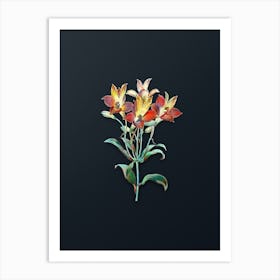 Vintage Red Speckled Flowered Alstromeria Botanical Watercolor Illustration on Dark Teal Blue n.0841 Art Print