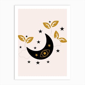 Moon Eyes Stars Clouds And Plants Art Print