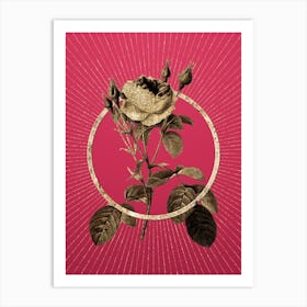 Gold Double Moss Rose Glitter Ring Botanical Art on Viva Magenta Art Print