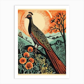 Vintage Bird Linocut Pheasant 1 Art Print