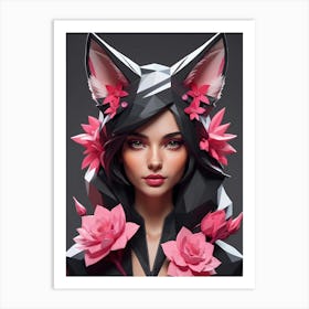 Low Poly Fox Girl,Black And Pink Flowers (4) Art Print