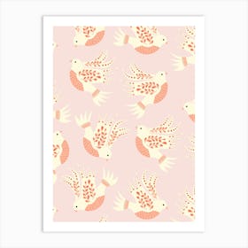 Folk Art Christmas White Doves on Pastel Pink Art Print