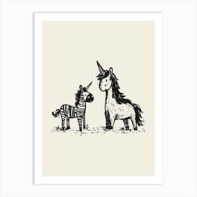 A Unicorn & Zebra Black And White 1 Art Print