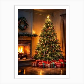 Christmas Tree In Front Of Fireplace 17 Art Print