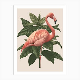 American Flamingo And Croton Plants Minimalist Illustration 1 Art Print