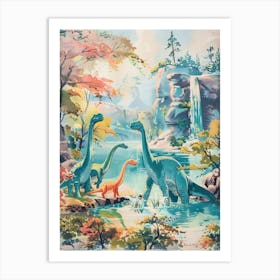 Brachiosaurus Family Bathing In The River Storybook Painting 1 Art Print