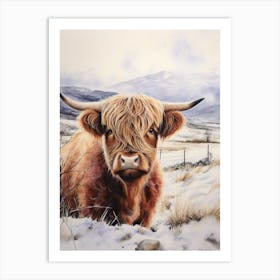 Highland Cow In The Snow Watercolour 2 Art Print