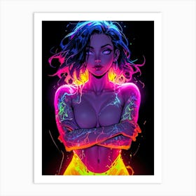 Radiant in neon hues, she's a seductive fantasy — a cyberpunk dream girl whose tattoos whisper tales of desire. Art Print