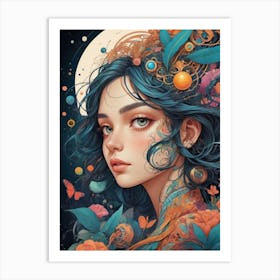 Girl With Blue Hair And Flowers Art Print