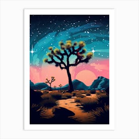 Joshua Tree With Starry Sky At Night In Retro Illustration Style (3) Art Print