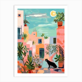 Morocco Street With Black Cat Travel Housewarming Painting Art Print