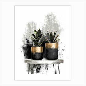 Gold And Black Potted Plants Art Print