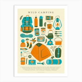 Retro Wild Camping Kit Art Print in Blue, Orange and Cream | Vintage Camping Poster | Adventure and Outdoor Nostalgic Graphic Illustration Art Print