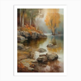 Autumn Lake,Forest Lake, Vintage Oil Painting, Farmhouse Wall Decorations, Antique Landscape, Vintage Landscape Oil Painting.5 Art Print