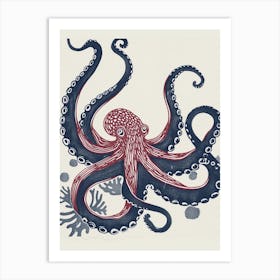 Red & Navy Blue Octopus In The Ocean Linocut Inspired 7 Art Print