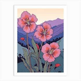 Pink Tulips Mountain Landscape Art Print