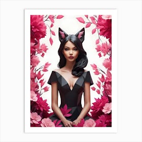 Low Poly Fox Girl,Black And Pink Flowers (7) Art Print