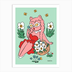 Cat With A Flower Basket Art Print