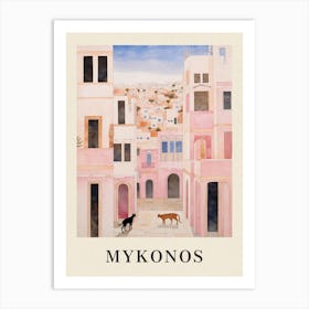 Mykonos Greece 1 Vintage Pink Travel Illustration Poster Art Print
