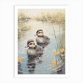 Ducklings Splashing Around Japanese Woodblock Style 2 Art Print