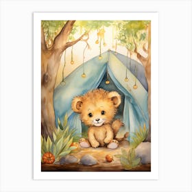 Camping Watercolour Lion Art Painting 3 Art Print