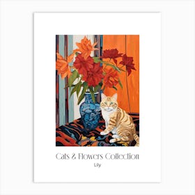 Cats & Flowers Collection Lily Flower Vase And A Cat, A Painting In The Style Of Matisse 3 Art Print