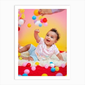 A Joyful Infant Engaging In Playful Interactions Surrounded By A Plethora Of Vivid Scattered Colo (4) Art Print