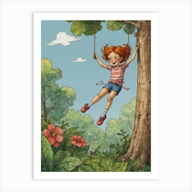 Little Girl Swinging On A Tree Art Print